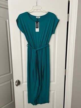 Yidarton Teal Maxi Dress with Self-Tie Waist